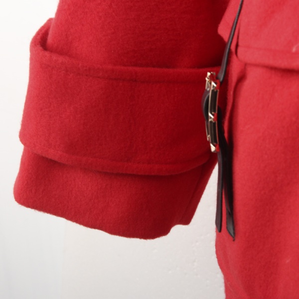 純色雙口袋絆袖造型皮釦環落肩連帽內鋪棉毛呢外套-OB大尺碼