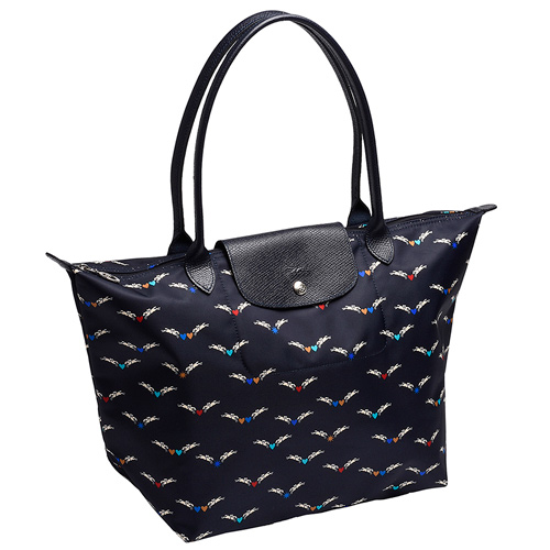 LONGCHAMP 經典Chevaux Ail?s系列天使圖騰長提把尼龍水餃包-中-海軍藍