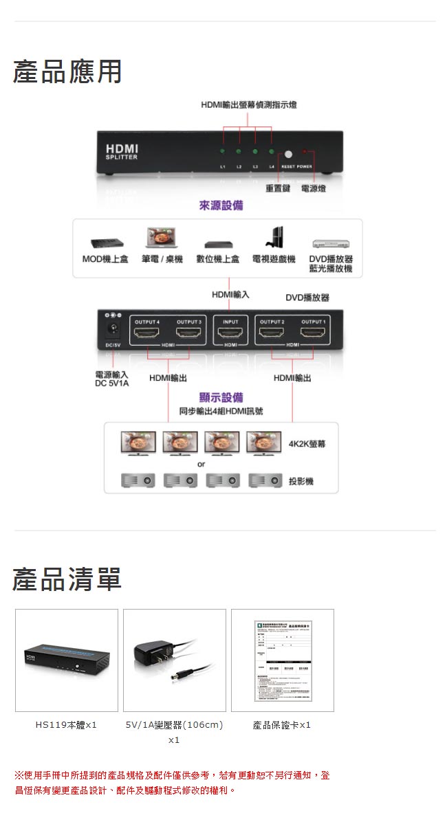 Uptech HS119 4K2K HDMI 4-Port分配器