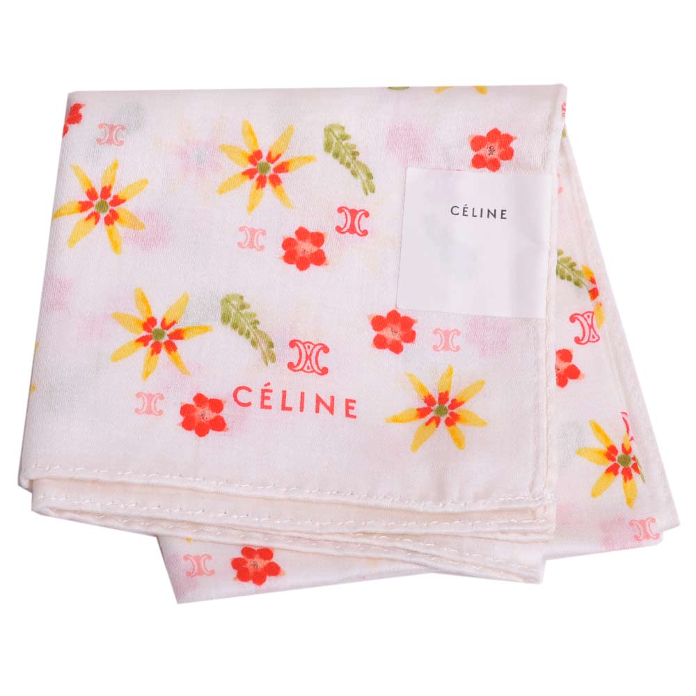 CELINE 經典品牌字母LOGO繽紛花草圖騰小手巾(米白)