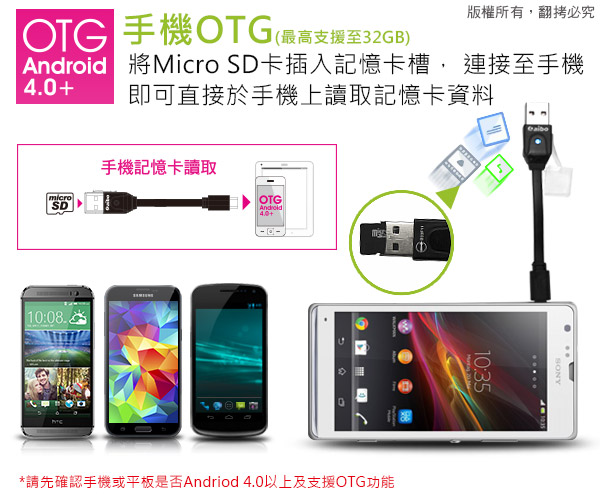 aibo OTG103 帶線迷你OTG傳輸充電/讀卡機 (USB A公+TF讀卡)