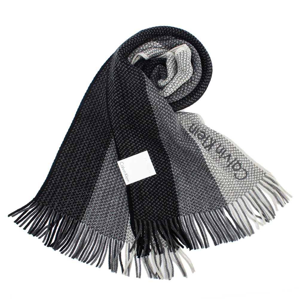 Calvin Klein CK 雙色混織刺繡LOGO條紋針織圍巾-黑灰色