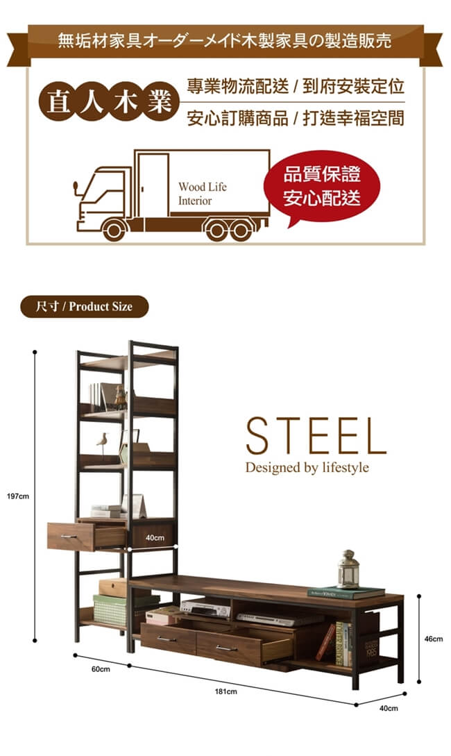 日本直人木業-STEEL積層木工業風1個1抽加181CM電視櫃(241x40x197cm)