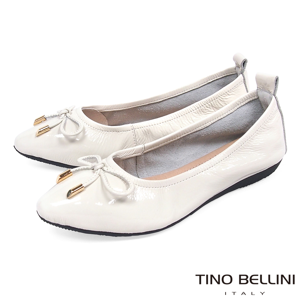 Tino Bellini 素雅小蝴蝶結全真皮平底娃娃鞋_ 白