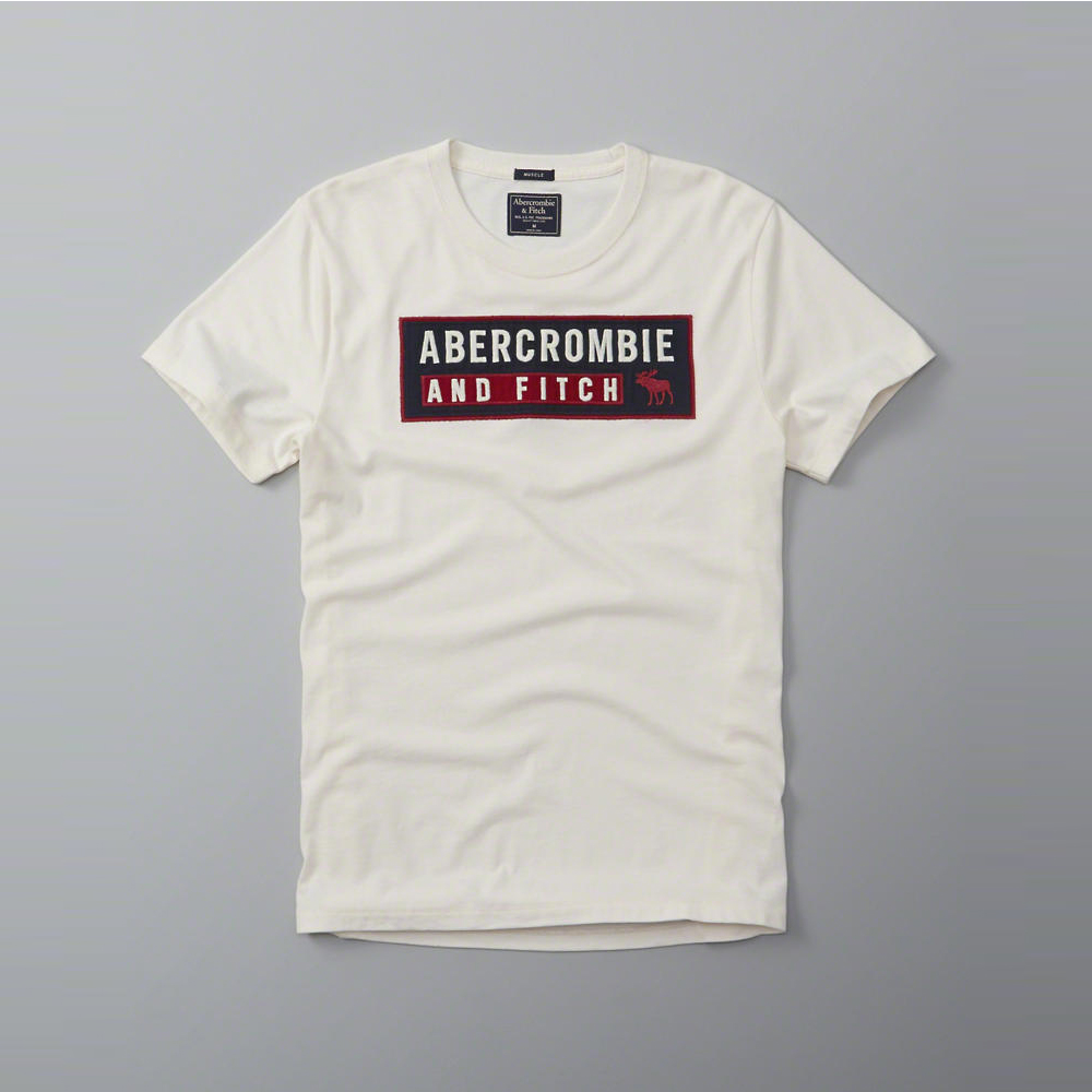A&F 經典刺繡大麋鹿文字短袖T恤-米白色 AF Abercrombie