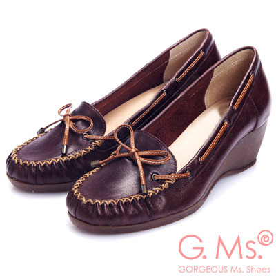 G.Ms.  MIT系列-手工縫線蝴蝶結全真皮楔型鞋-知性咖