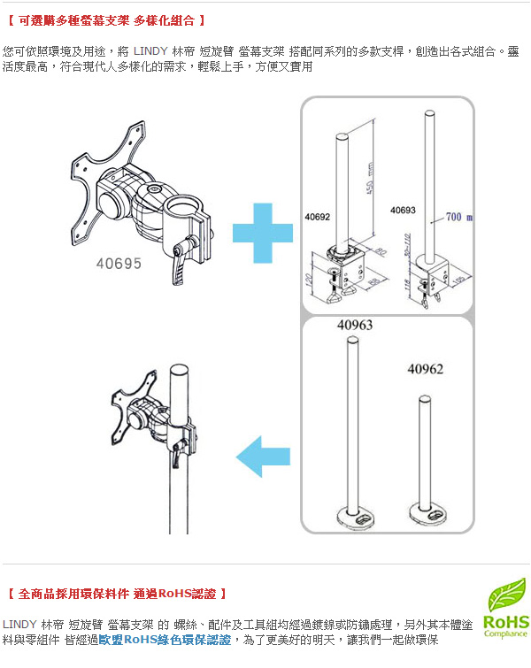 LINDY 林帝 台灣製 鋁合金 多功能 短旋臂式 螢幕支架 LCD Arm (40695)