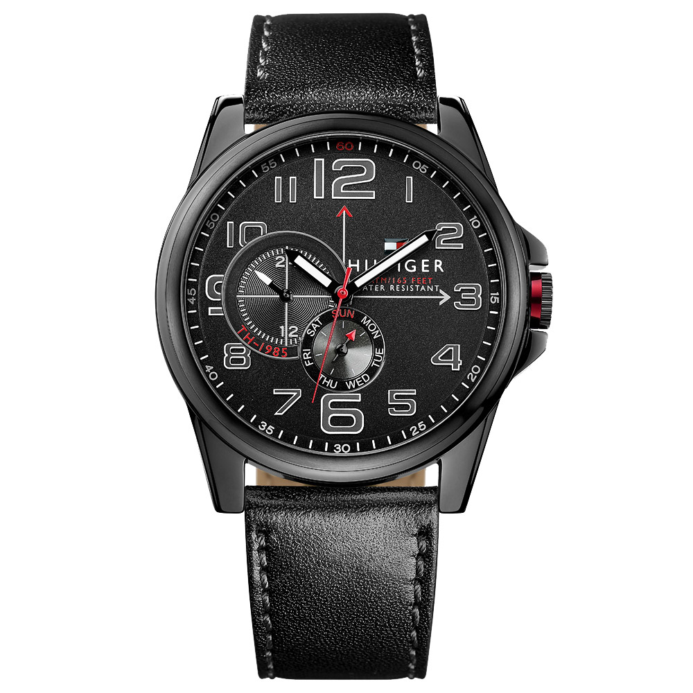 Tommy Hilfiger 飛行員時尚設計腕錶-黑/46mm