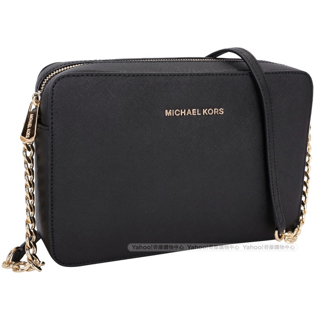 Michael Kors Jet Set 金字防刮牛皮鍊帶斜背包(黑色)