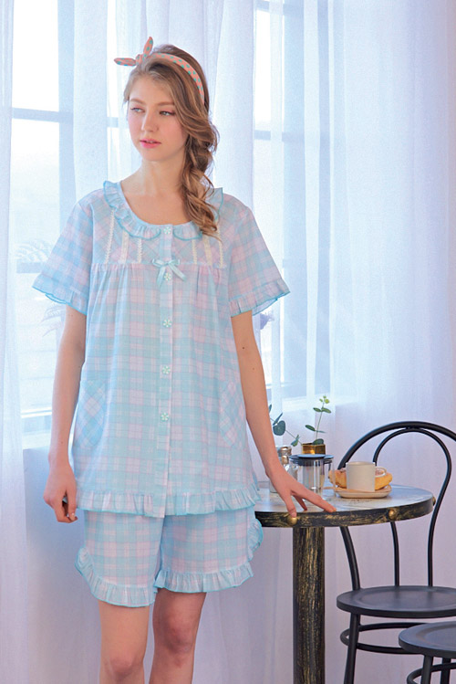睡衣 精梳棉平織薄短袖兩件式睡衣(R77021-2粉紅格紋) 蕾妮塔塔