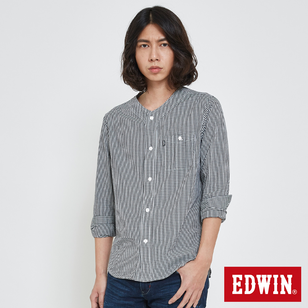 EDWIN 棒球領細格造型襯衫-男-黑色