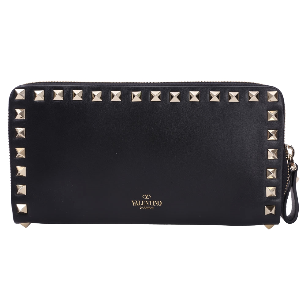 VALENTINO Rockstud 黑色鉚釘小牛皮拉鍊長夾(展示品)