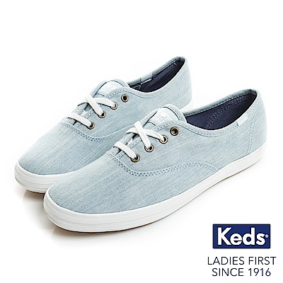 Keds CHAMPION 復古花色綁帶休閒鞋-粉藍