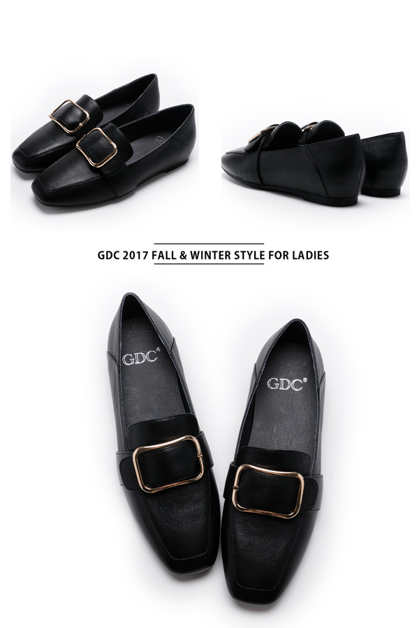 GDC-牛皮方扣簡約平底方頭鞋-黑色