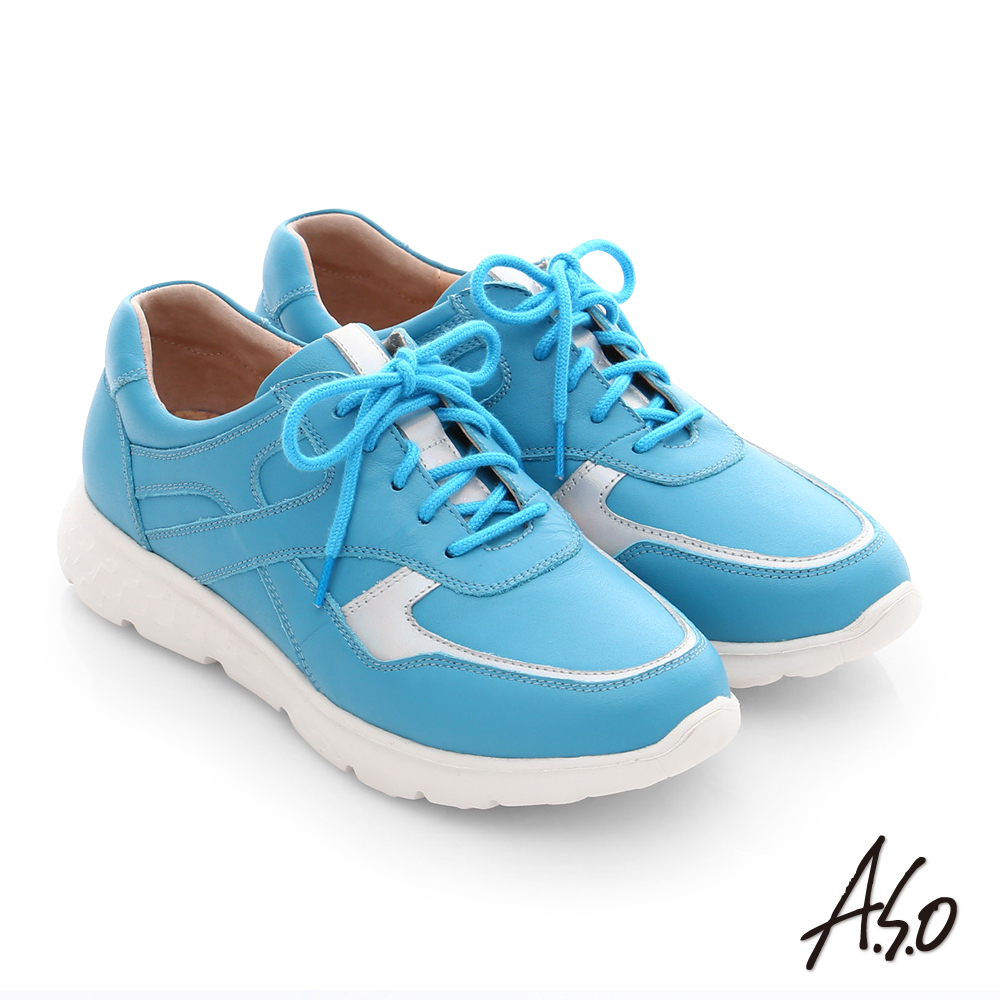 A.S.O 3D超動能 真皮綁帶戶外健走運動鞋 藍色