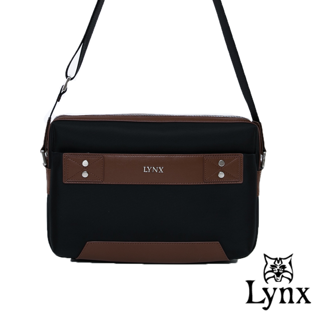 Lynx - 山貓紳士極簡風格橫式真皮斜側背包(小)-質感咖