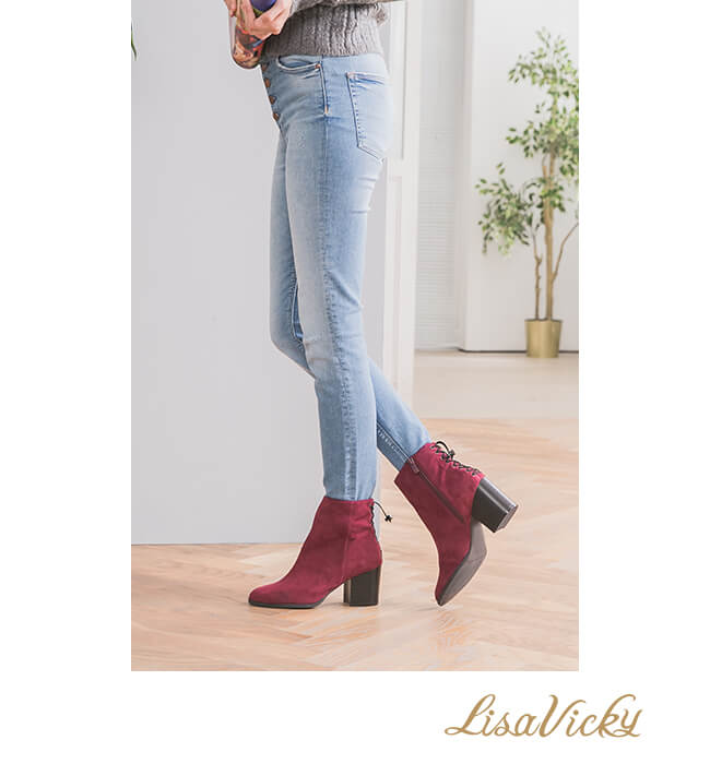 LisaVicky巴黎街頭後綁帶粗跟短靴-暗紅色