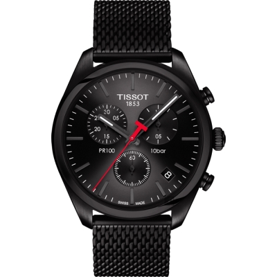 TISSOT 天梭 官方授權 PR100 經典米蘭帶計時手錶 新春送禮-鍍黑/41mm T1014173305100