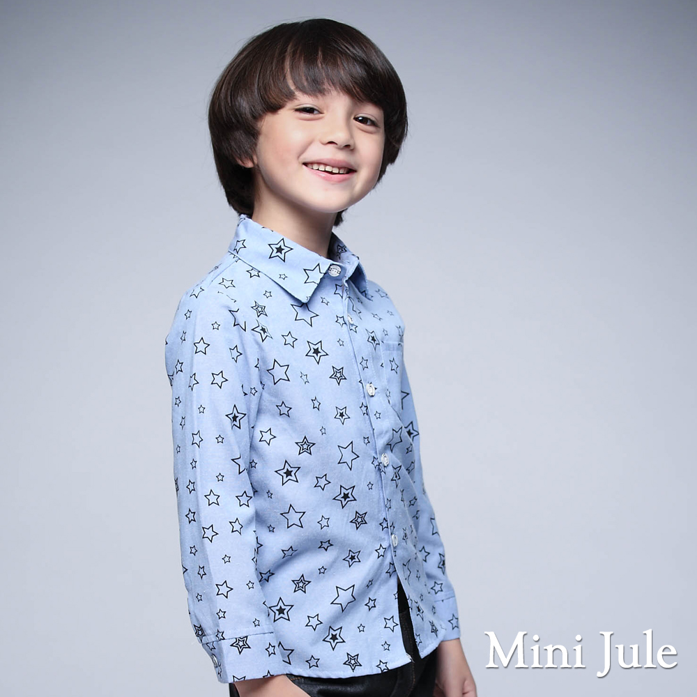Mini Jule 童裝-襯衫 滿版大小星星單口袋長袖襯衫(藍)