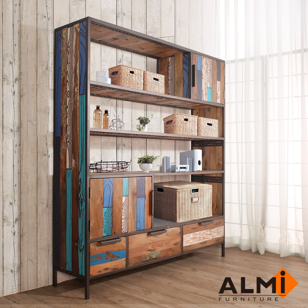 ALMI_BOOKSHELVES 雙門三抽船板復古書架W150*D35*H166CM