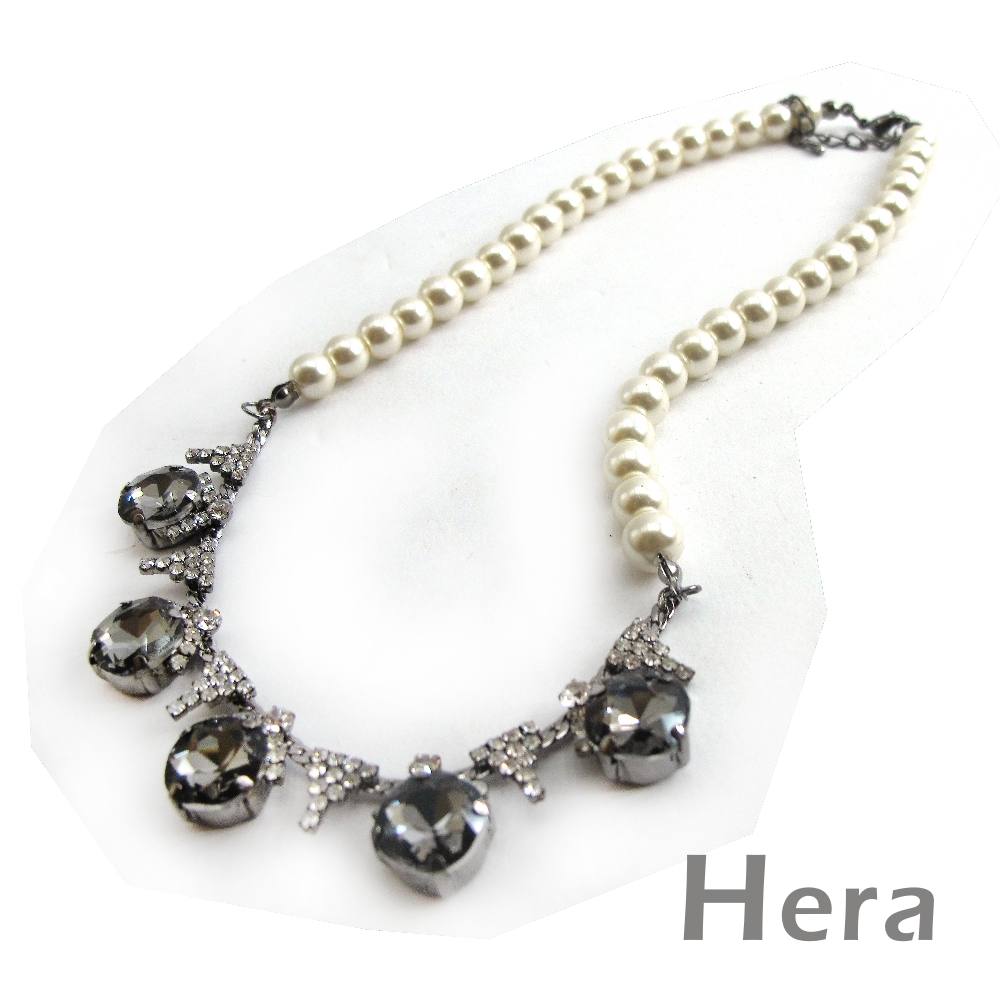 Hera赫拉 華麗珍珠幾何大鑽短項鍊/鎖骨鍊(典雅灰)