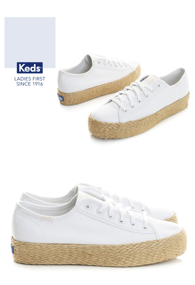 Keds TRIPLE KICK 夏季草編綁帶帆布鞋-白