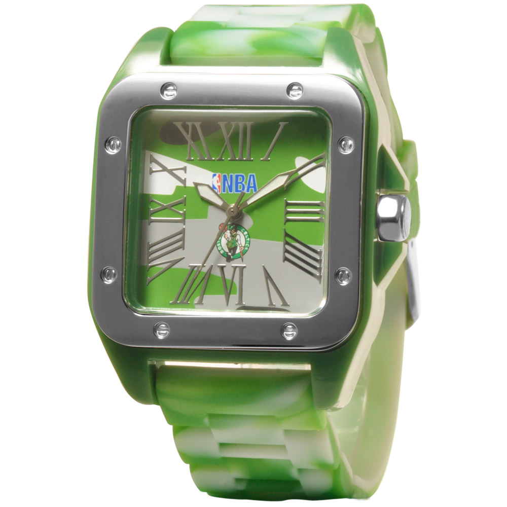 NBA Boston Celtics 三分線防守方形休閒腕錶-迷彩綠/39mm