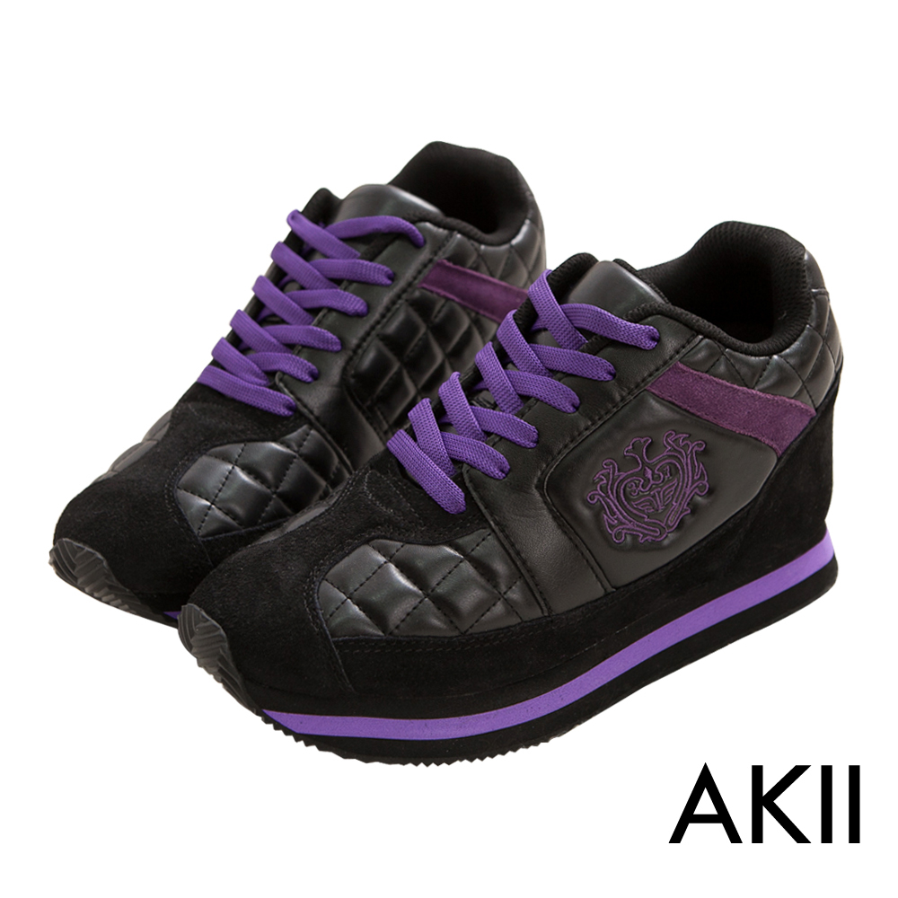 AKII韓國空運‧菱格內增高休閒運動鞋女鞋-黑紫色