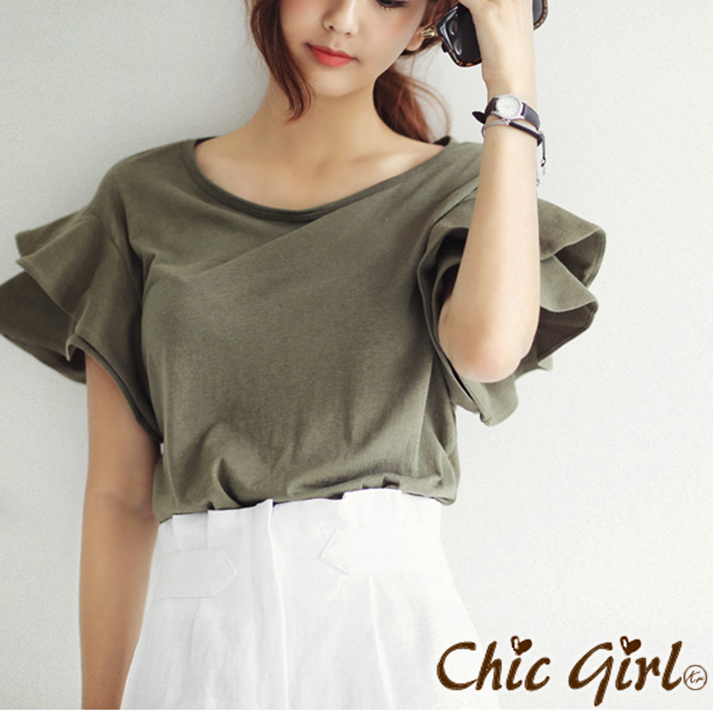 雙層荷邊飛袖圓領上衣 (共四色)-Chic Girl