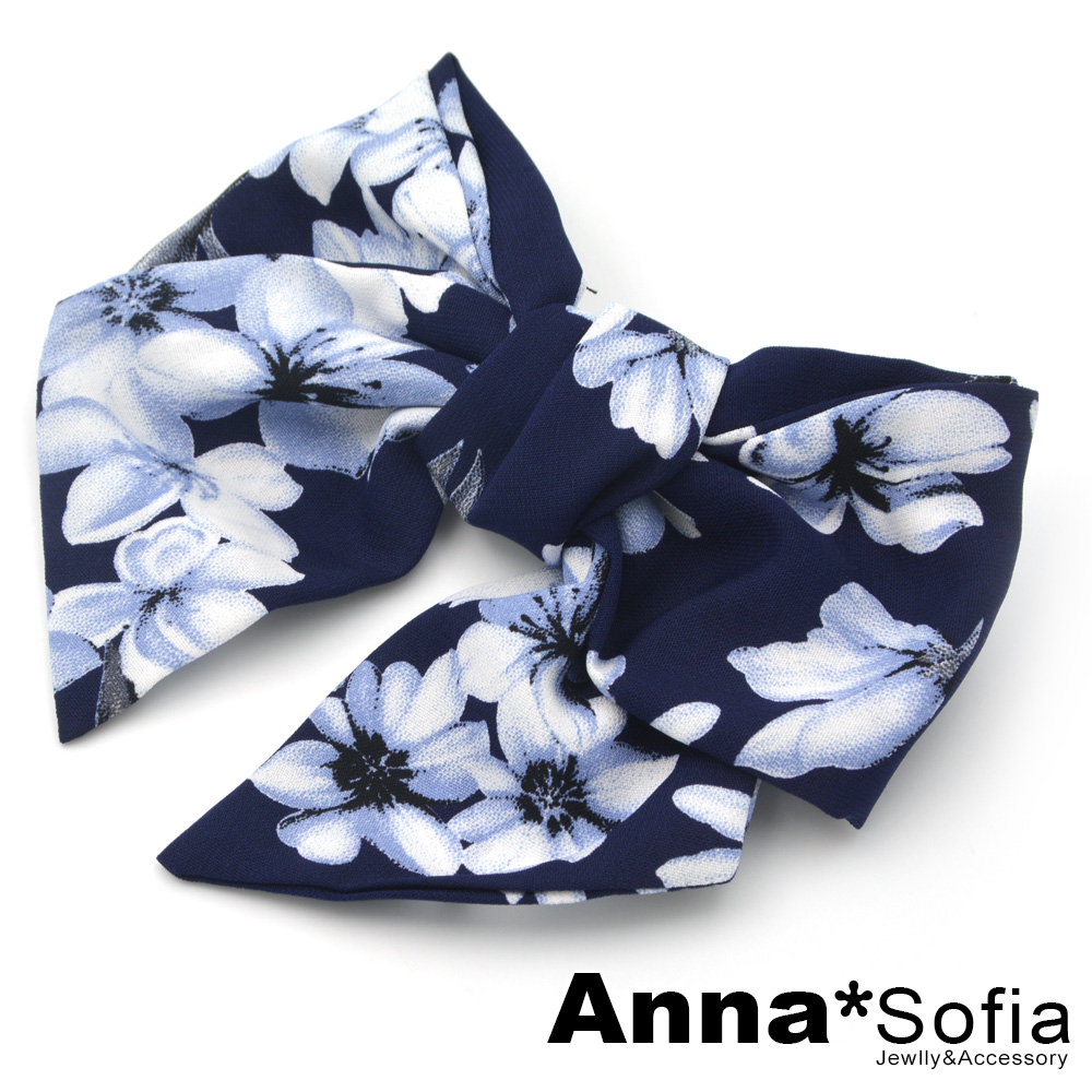 AnnaSofia 軟糖大蝶結 純手工髮夾(花樣深藍底)