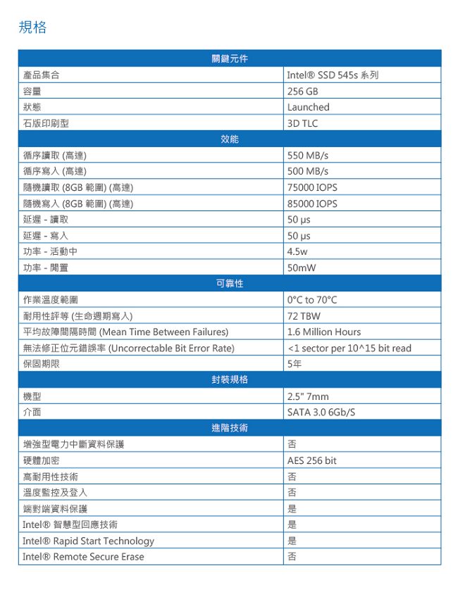 Intel 545s 256G 2.5吋 SATA3 SSD固態硬碟