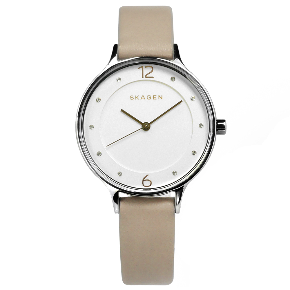 SKAGEN Anita 純粹晶鑽刻度防水真皮手錶(SKW2648)-銀白x米灰/30mm