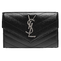 YSL MONOGRAM系列V字縫線魚子醬牛皮銀色金屬LOGO暗釦零錢包(黑)