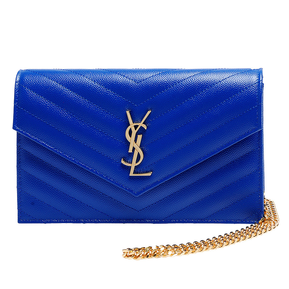 YSL MONOGRAM系列V字縫線魚子醬牛皮金屬LOGO金鍊手拿/肩背包(電光藍)