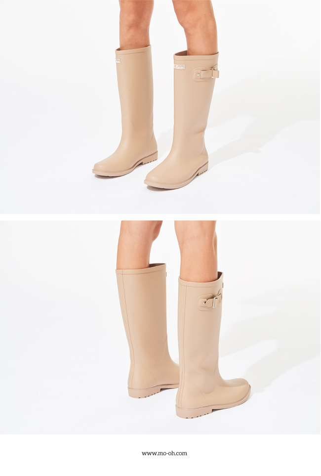 mo.oh 愛雨天-素面柔軟皮帶搭扣長筒雨鞋-棕色