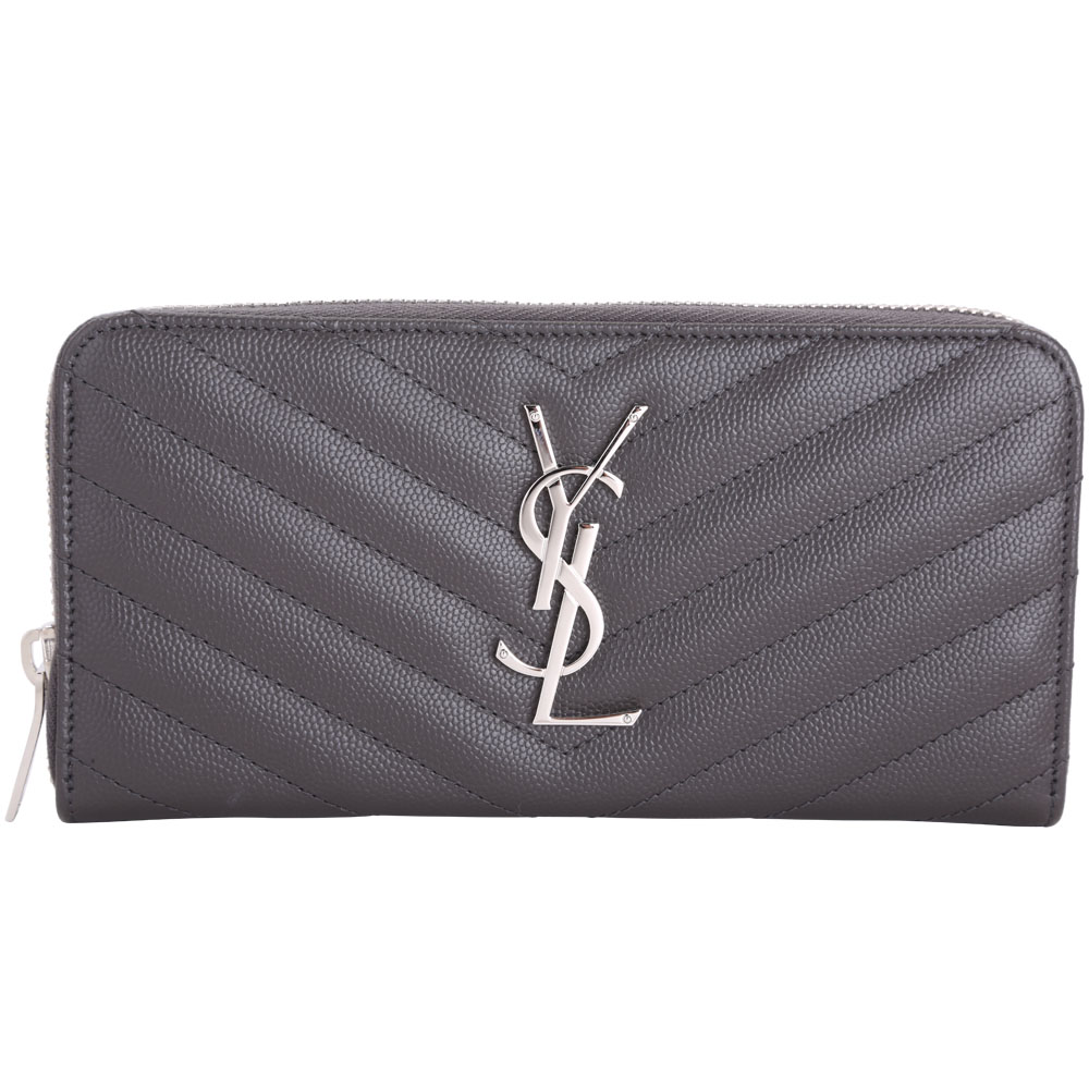 YSL Saint Laurent MONOGRAM 斜壓荔紋拉鍊長夾(深灰色)