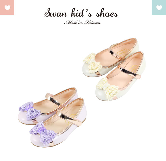 Swan天鵝童鞋-真皮蕾絲蝴蝶節玫瑰金邊娃娃鞋 3832-米