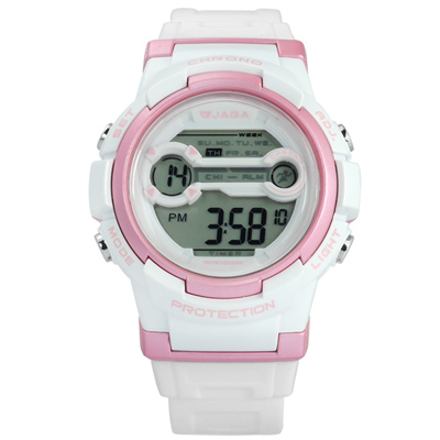 JAGA 捷卡 搶眼青春活力電子運動橡膠手錶-白粉色/39mm