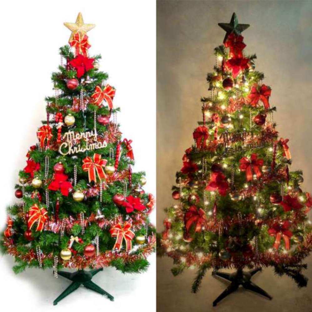台製7尺(210cm)豪華版綠聖誕樹(+紅金色系配件組)(+100燈鎢絲燈清光3串)