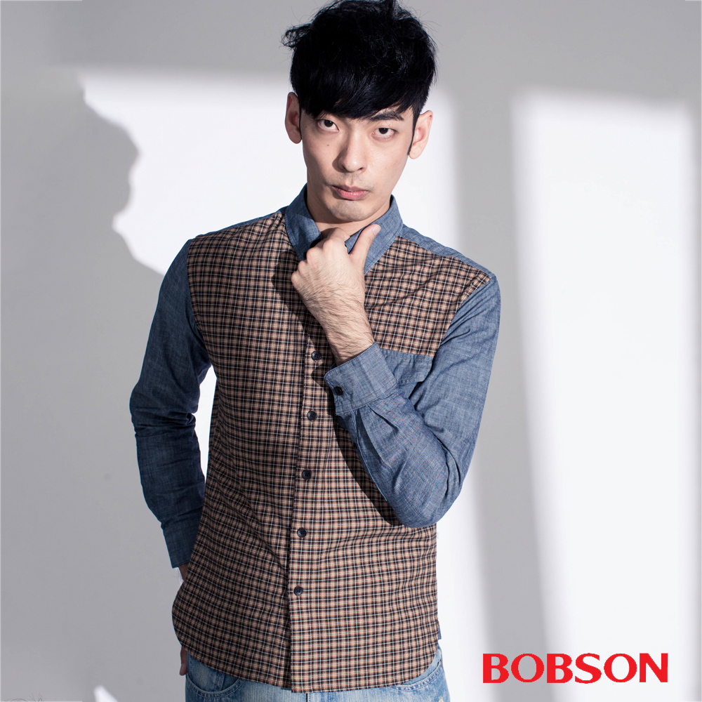 BOBSON  男款格子配牛仔襯衫