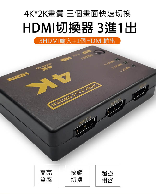 LineQ 標準4K2K HDMI 3進1出切換器(UH-7593) (本產品不包含遙控器)