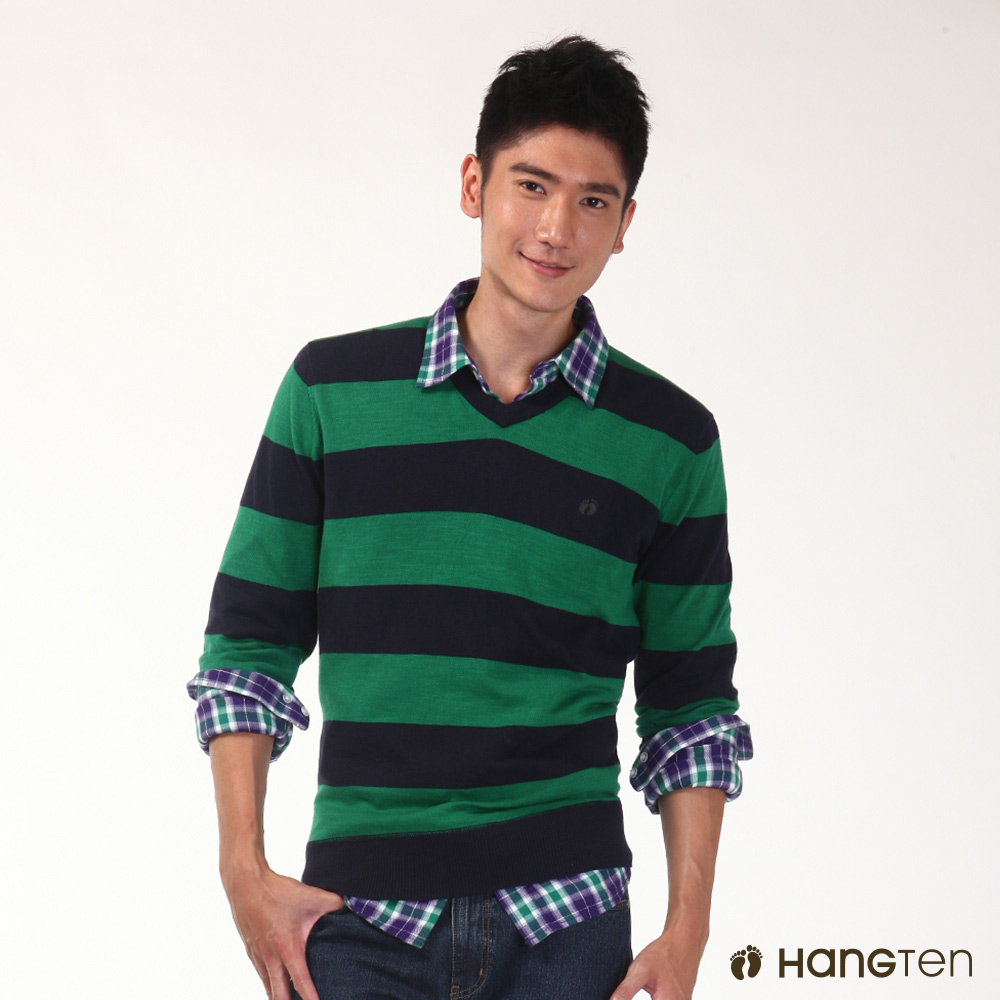Hang Ten - 男裝 條紋針織上衣-綠