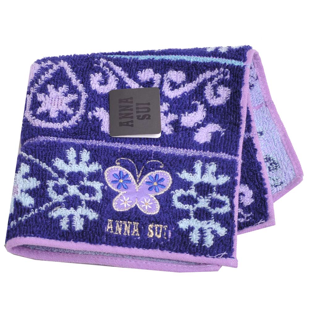 ANNA SUI 優美蝴蝶貼布LOGO刺繡小方巾(紫邊/籃底)