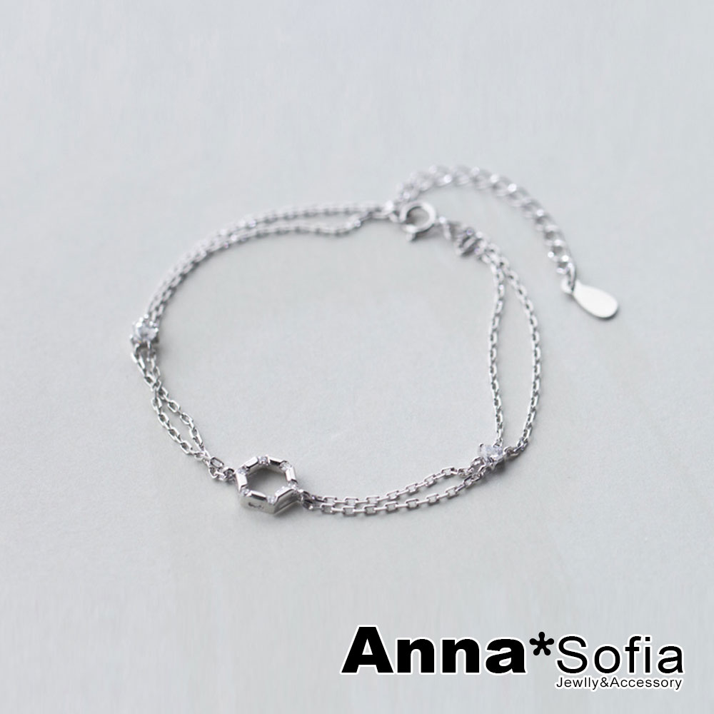 AnnaSofia 六角晶鑽墬雙層鍊 925純銀手環手鍊(銀系)