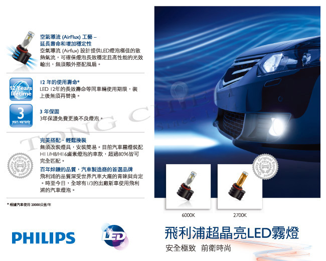 PHILIPS 飛利浦超晶亮LED霧燈2700K黃金光(H8/H11/H16)公司貨