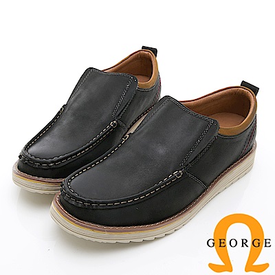 GEORGE 喬治-休閒系列 真皮舒適直套式休閒鞋-黑
