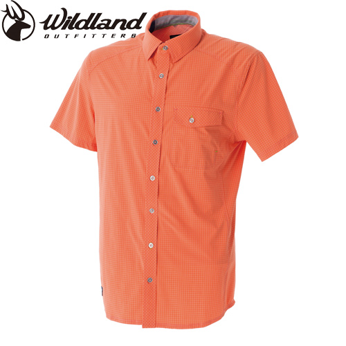 【Wildland 荒野】男彈性格子布短袖襯衫-橘