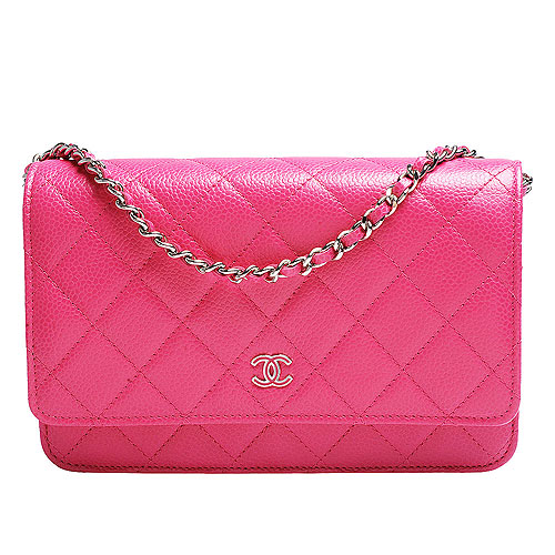 CHANEL 經典菱格小香 陶瓷LOGO荔枝紋牛皮WOC三用銀鍊包(桃紅色)