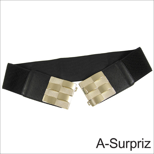 A-Surpriz 摩登時髦棋格金屬釦環彈性腰帶(奢華黑)