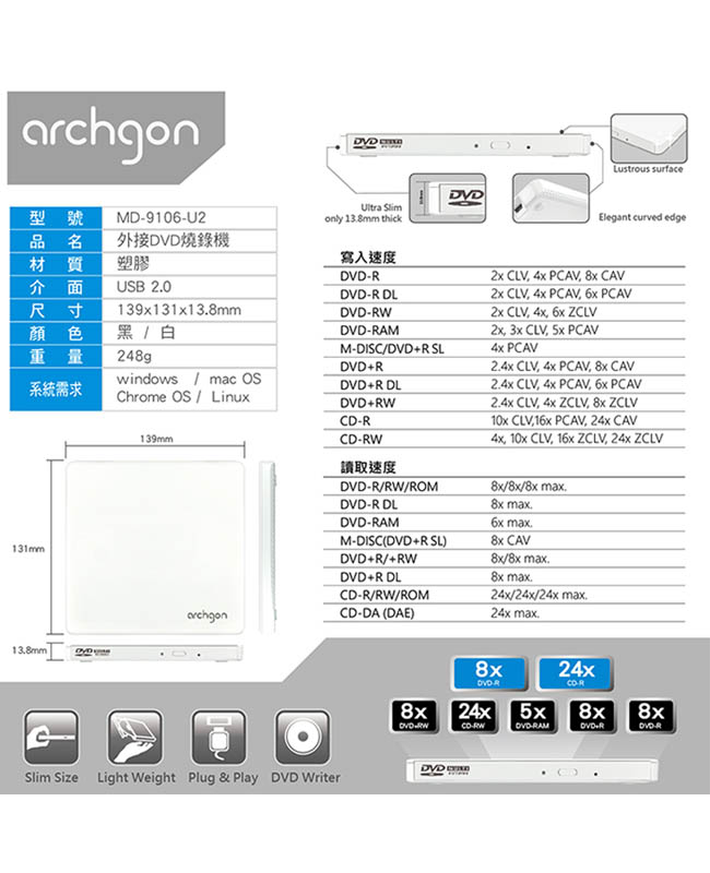 Archgon 8X USB2.0 極薄DVD燒錄機 MD-9106S-U2